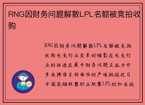 RNG因财务问题解散LPL名额被竞拍收购