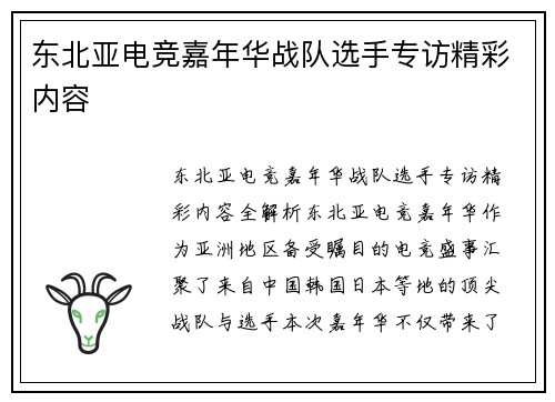 东北亚电竞嘉年华战队选手专访精彩内容